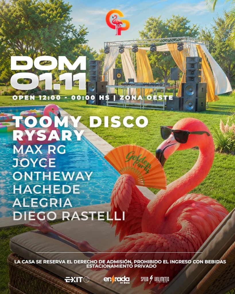 Flyer de Golden Party en Zona Oeste con Toomy Disco, Rysary, Hachede y más